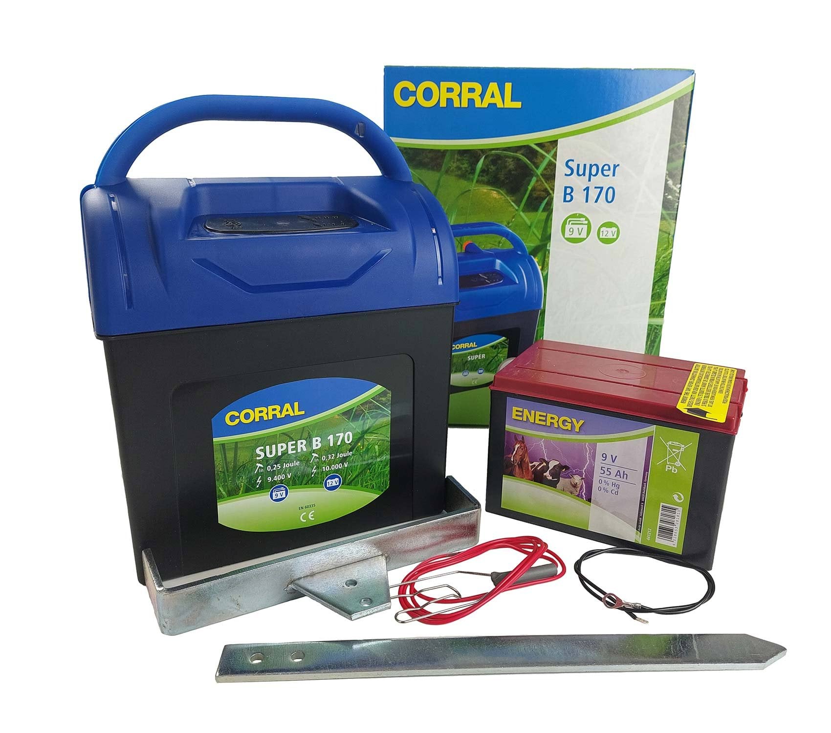 Electric battery energizer Corral B 170, 0.22 J + Chloride battery for energizer, 9 V, 55 Ah, Kerbl