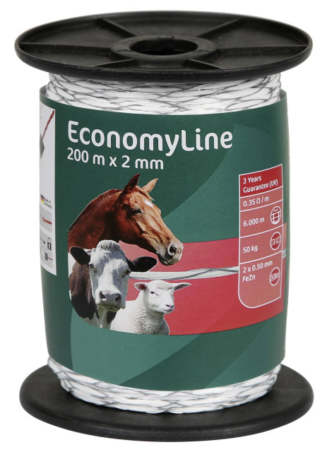 Шнур для електроогорож EconomyLine, 200 м х 2 мм, білий, АКО
