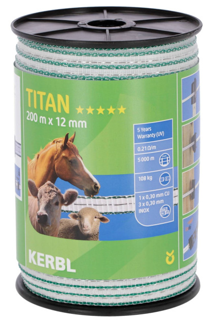 Лента для электроограждений TITAN, 200 м х 12 мм, бело-зеленая, Kerbl