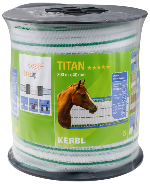 Стрічка для електроогорожі TITAN, 200 м х 40 мм, біло-зелена, Kerbl