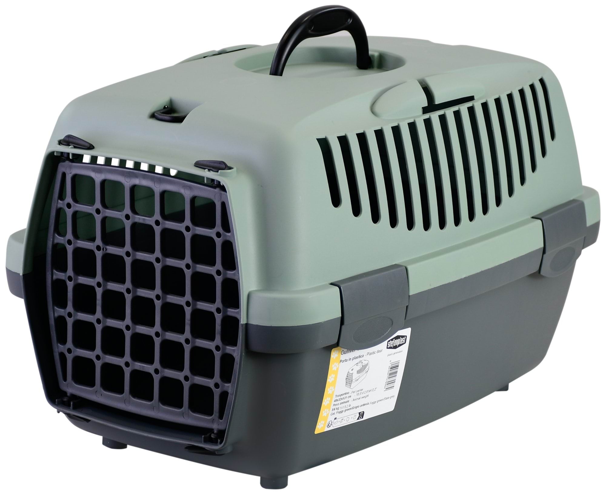 Pet carrier Gulliver 1 with plastic door, 48 x 32 x 31 cm, gray/green, 6 kg, Stefanplast